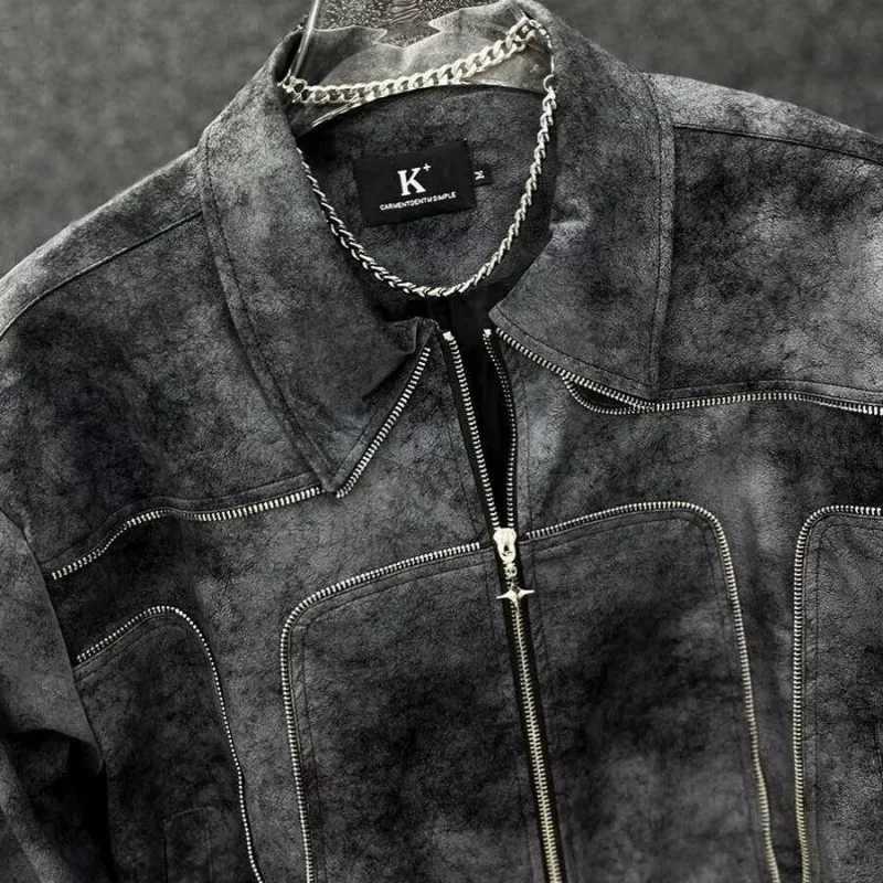 HKSH Tie Dye Gradient PU Leather Jacket Mens Tide Autumn New Safari Style High Street Motorcycle Chic Fashion Short Coat HK2997T250311
