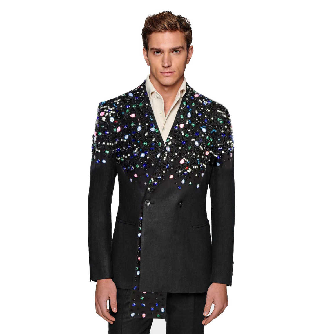 Colorful Wedding Tuxedos Double Breasted Crystal Bead Men Suit Peaked Lapel 2 Piece Set Jacket Pants Groom Business Blazers Customized