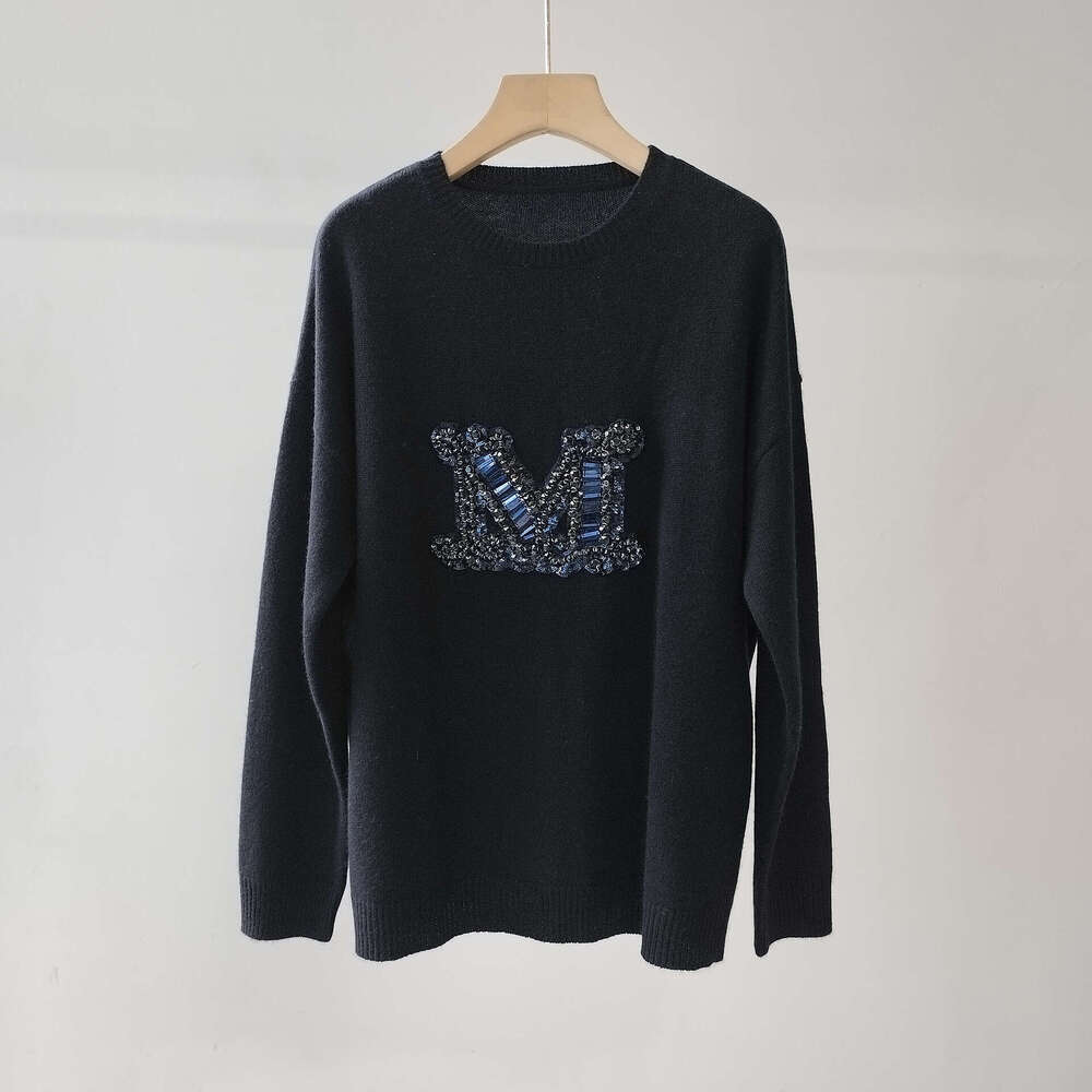 24 Year Autumn And Winter Handmade Embroidery Nail Bead Large M Letter Cashmere Women's Round Neck Long Sleeved Knitted Pullover Sweater