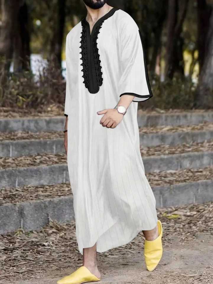 Islam Kaftan Muslim Men Clothing Moroccan Caftan Hand Embroidered Loose and Breathable Djellaba Abaya Thobe for Men Summer 2024XJ250310