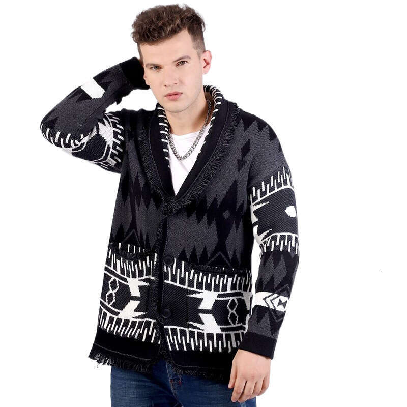 Australian New Jacquard Sweater Cardigan Autumn And Winter Classic Black Gray Lapel Ethnic Style Knitted Jacket