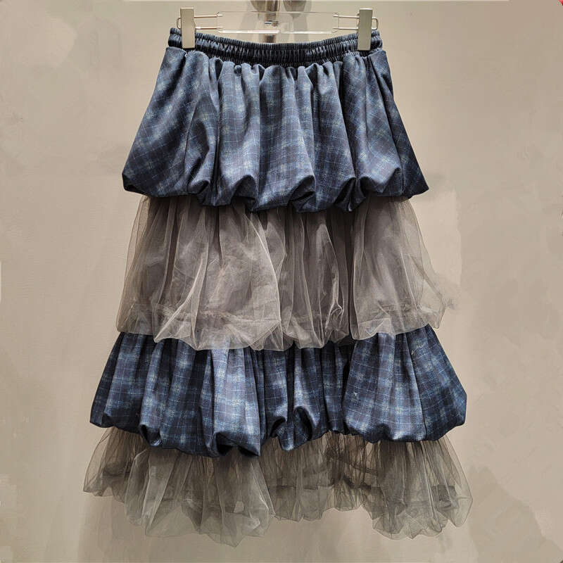2024 Autumn New Niche Personality Sweet Girl Mesh Patchwork Grid Design Mid Cake Half Length Skirt