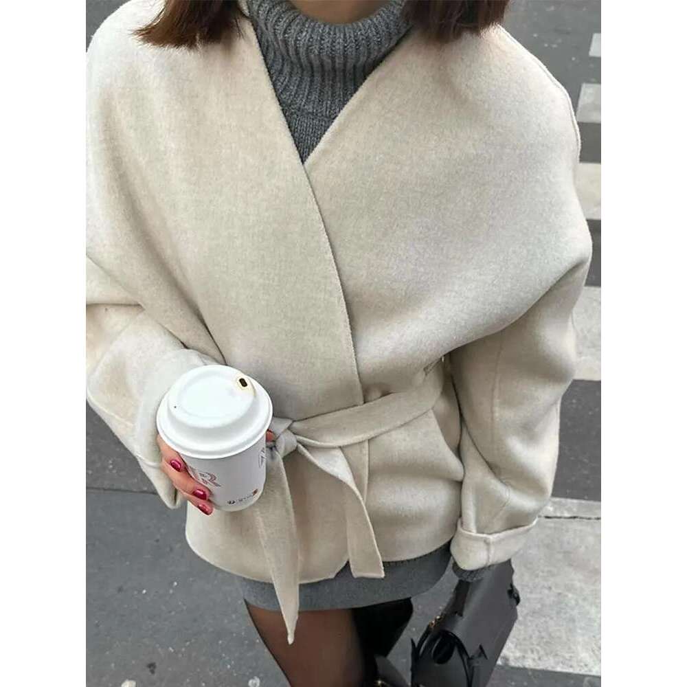 Elegant Women's Solid V-neck Tie-belt Woolen Jacket New Fashion Classic Long Sleeves Coats Autumn Chic Female Streetwear