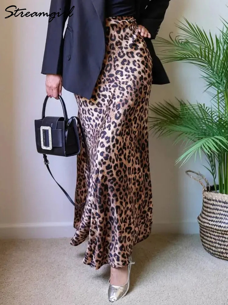 Long Leopard Skirt Women y Satin Skirts Ladies Office Party A Line High Waist Brown For Maxi Spring Summer 250311
