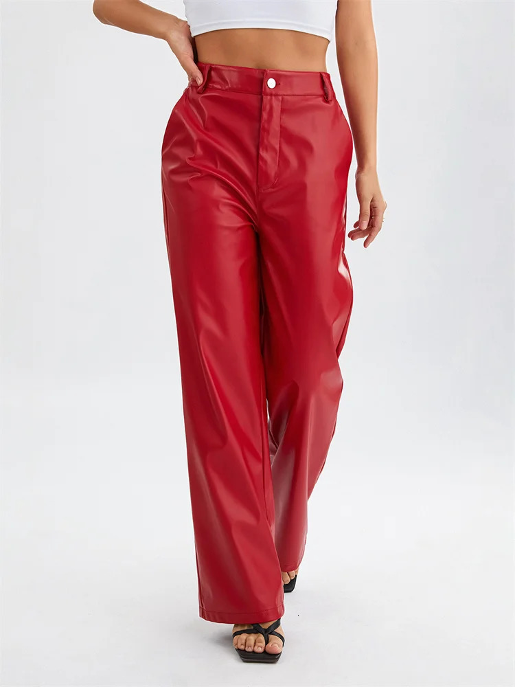 Womens PU Leather Long Pants Solid Color High Waist Wide Leg Straight Pants Summer Autumn Vintage Elegant Loose Trousers Fashion 250305