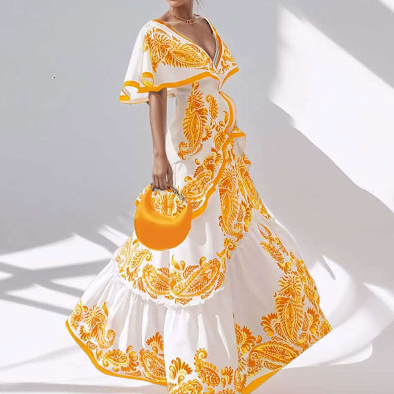 Women's Spring New Elegant Vacation Style Deep V-Neck Ruffle Fashion Printed Dress KLMY