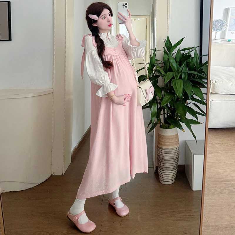 Plus Size Maternity Summer Dress with Pockets Pink Long Loose Pregnant Womens Strap Dresses Sweet Pregnancy Holiday ClothesT250311