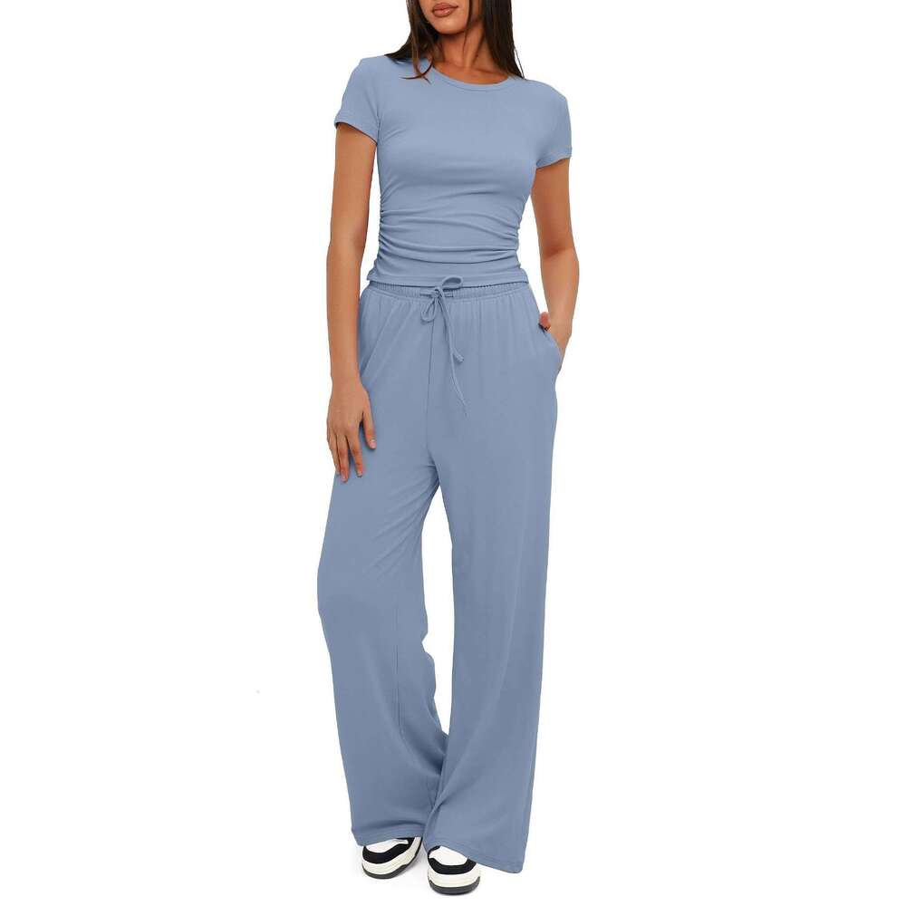 European and American product solid color casual suit pleated short sleeved top high waist wide leg pants sportswear 2025 temperament versatile new tr