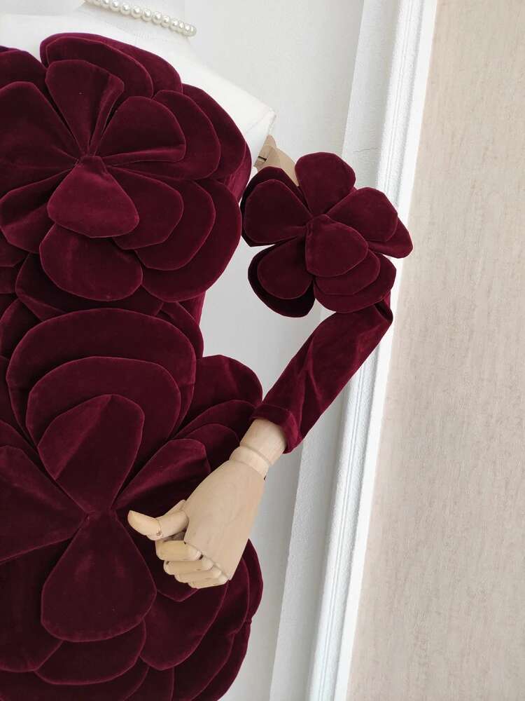 QMQA Fashion Women's 3D Strapless Evening Wer Gloves High Waist Sleeveless Elegant Dress Autumn 2024 New 1A201