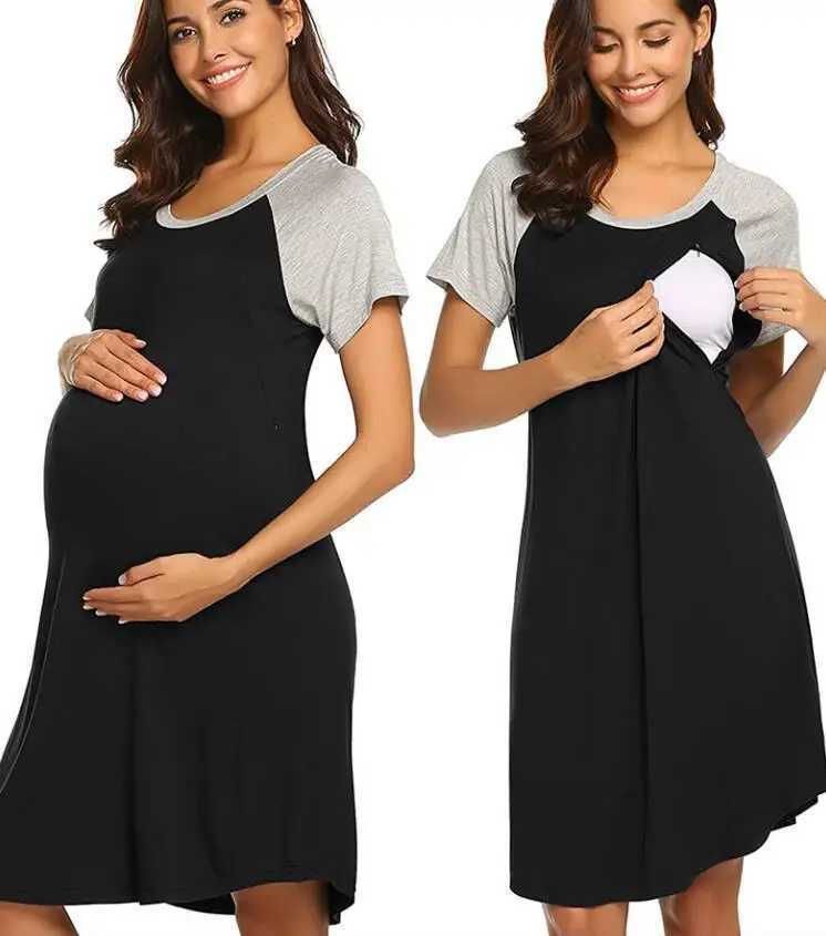 Autumn Summer Nursing Color blocking Breastfeeding Dress Nightgown Women Maternity Hospital Gown Breastfeeding Sleepwear DressesT250311