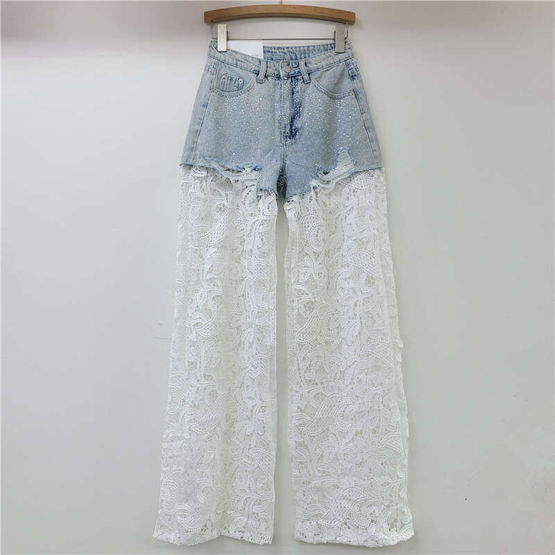 Pink Lace Splicing Heavy-Duty Hot Stamping Wide For Women 2024, With High Waist Slimming Effect, And A High-End Straight Leg Casual Pants