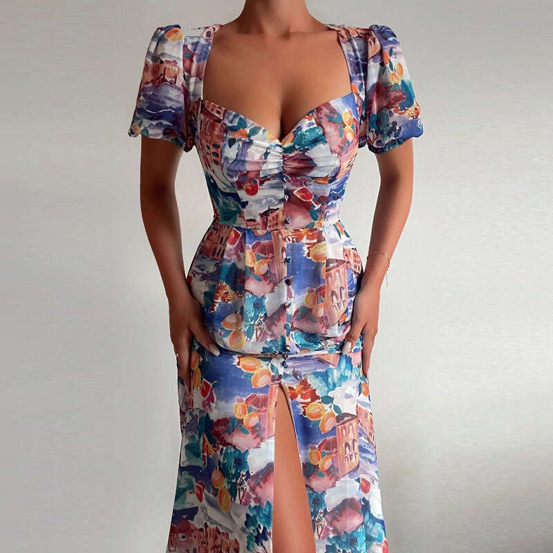 Women's New Style Temperament Printed Sexy Slit Bubble Sleeves High Waisted Winter Dress For Women 661 KLMY
