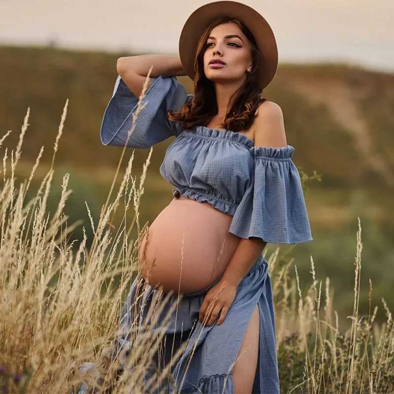 Womens Boho Two-Pieces Dress Muslin Vintage Top and Skirt Dress for The Maternity Photo Props Pregnancy X250224