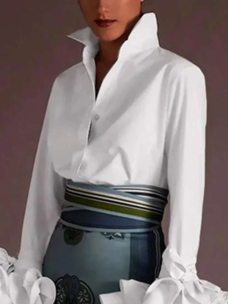 Design Fashion Lapel Long-Sleeved Single-Breasted Shirt Tops Women Autumn Solid Color Splicing Bell Sleeve Casual Shirts Female