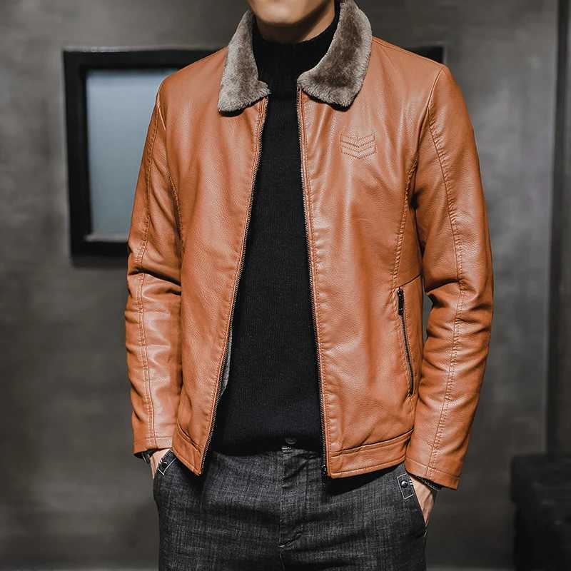 Fur collar Leather Jacket men Plus Velvet coats Thick Warm Fashion Autumn Winter Mens Leather jacket Top Large Size PU CoatsT250311