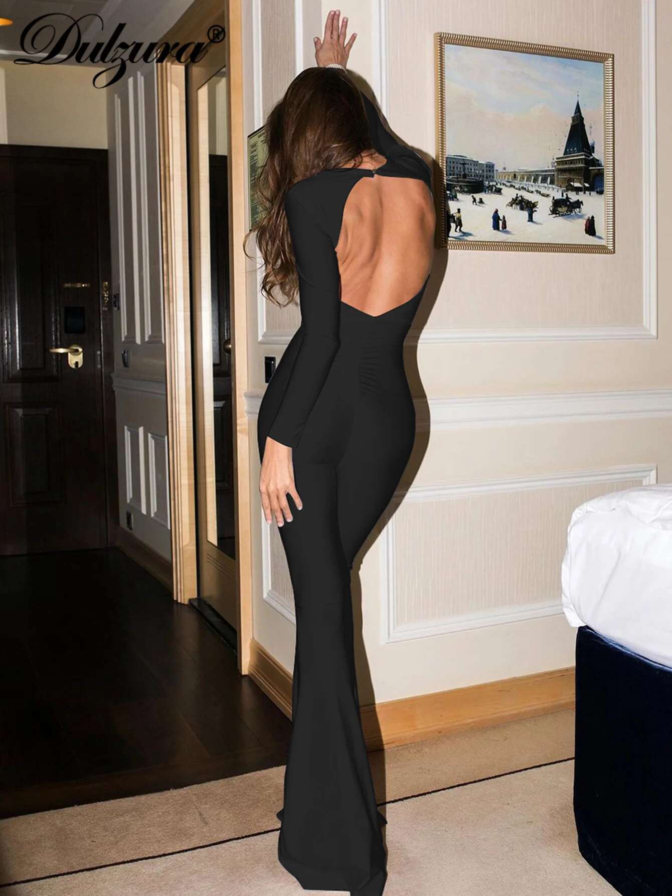 Dulzura Long Sleeves Ruched Backless Flare Jumpsuits Solid Sexy Elegant Bodycon Rompers Women Party Clubwear Autumn Winter