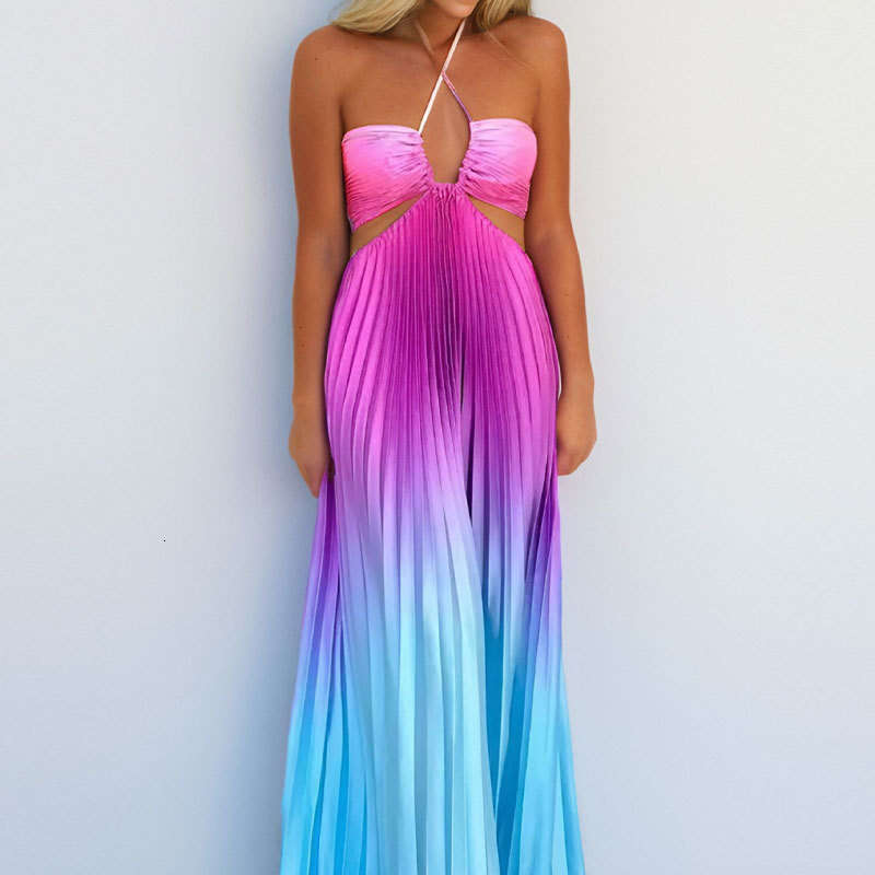 Women's Clothing 2025 New Summer Gradient Color Hanging Neck Pleated Fashionable Long Skirt Beach Vacation Dress KLMY