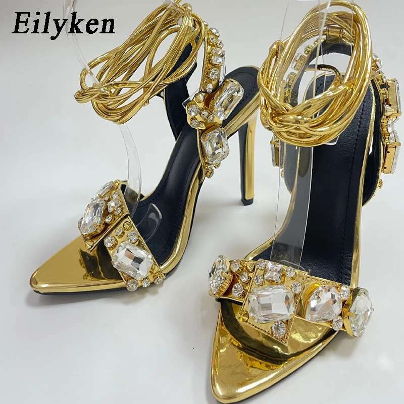 Eilyken Golden Ankle Lace-Up Women Sandals Summer Sexy Crystal Rhies Pointed Toe Wedding Party Shoes Ladies Stilettos