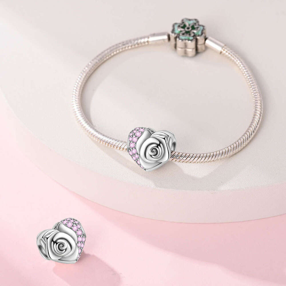 925 sterling silver Charm Friendly sisters love pink rose pendant beads charms DIY jewelry accessories bracelet for women gift fashion jewelry wholesa