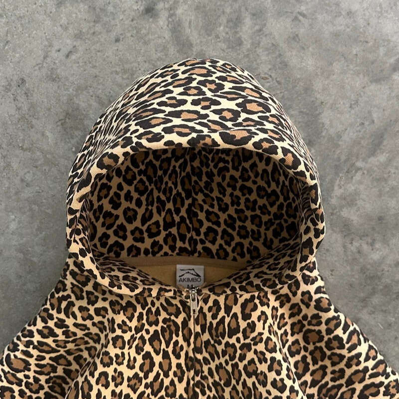 Trendy Brand 2024 Autumn Winter New Product Leopard Print Hooded Sweatshirt Y2k Velvet High Street Zipper Jacket For Men And Women