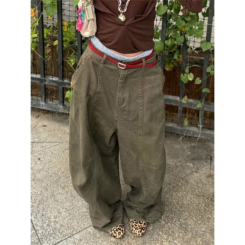 Green jeans womens retro high waisted straight Trouser loose Y2K 90 American streetwear wide leg classic 250311
