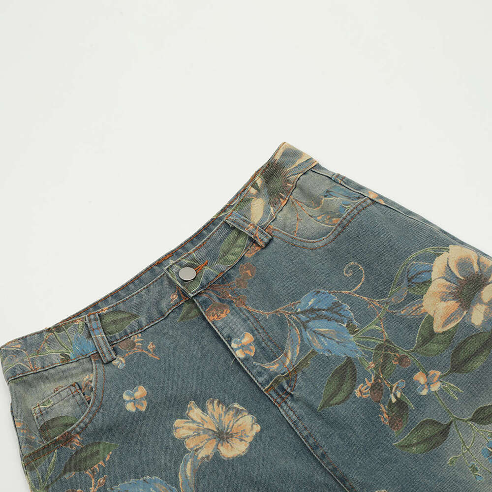 Jiayiku Trendy Brand 2024 Autumn/Winter New American Flower Printed Micro La Jeans For Men And Women Vibe Pants