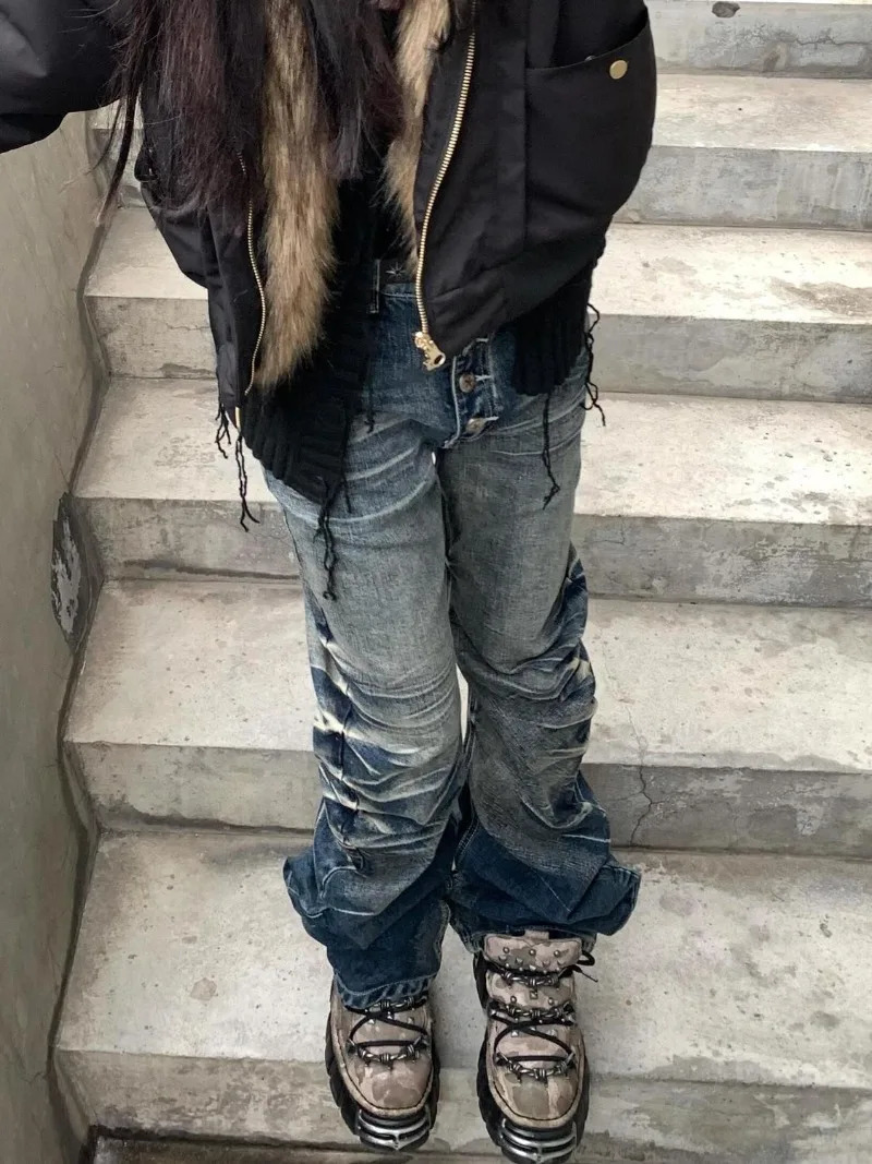 American retro Y2K cracked washed denim jeans for womens fashion niche millennium street style hiphop spicy girl loose casual straight 250311