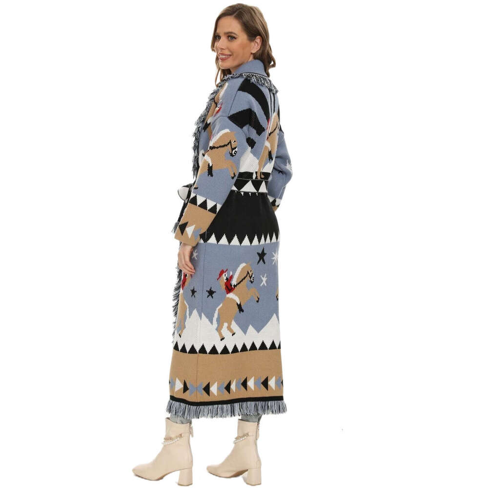 Autumn And Winter Extended Riding Jacquard Sweater Cardigan With Thick Tassel Wool Long Jacket