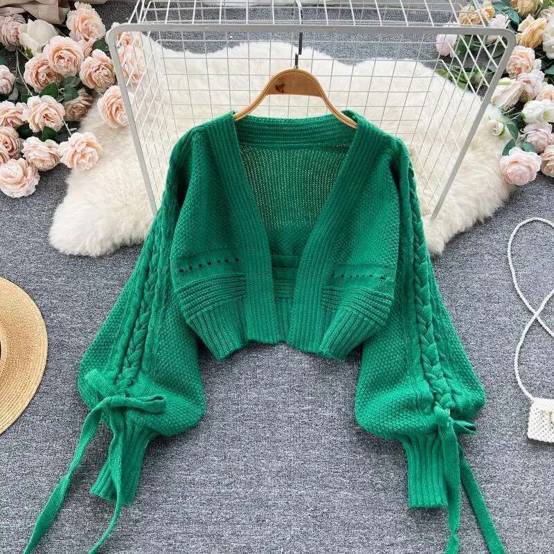 Green Casual Acrylic Knit V-Neck Lantern Long Sleeve Lace Up Women's Sweater Short Cardigan For Women Clothing