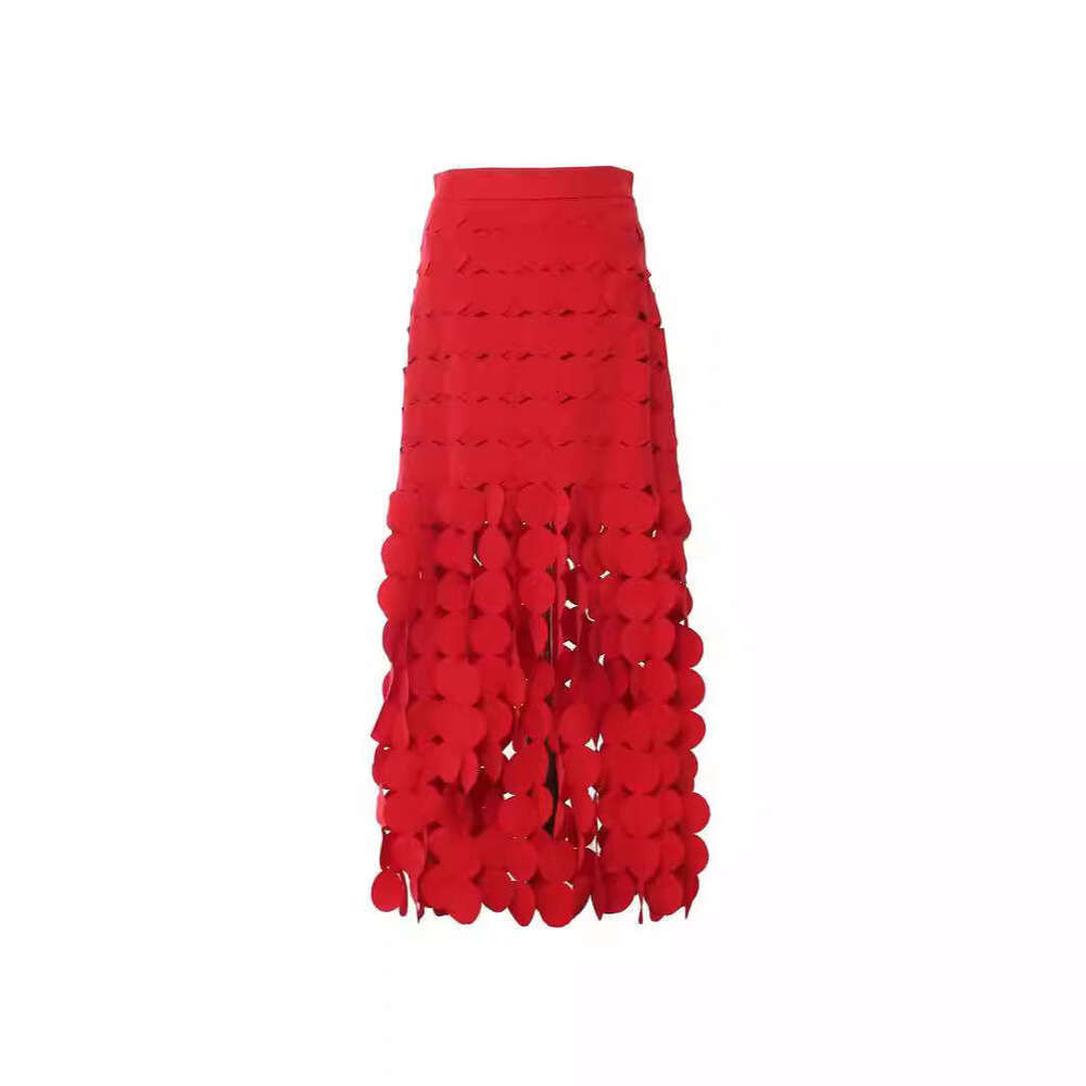 Australian New Long With High-End Design, Hollowed Out Circular Fringe, High Waist, Solid Color, Hip Hugging Skirt