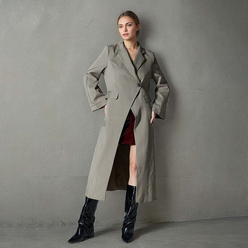 Street Trendy 2025 Spring New Style Suit Collar Sleeve Personalized Stripe Printed Long Windcoat Coat