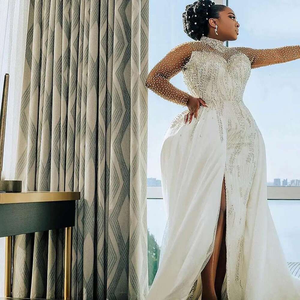 The High Neck Mermaid Dresses Female Plus Size Pearls Full Sleeve Beaded Lace Layered Ruffled Wedding Dress