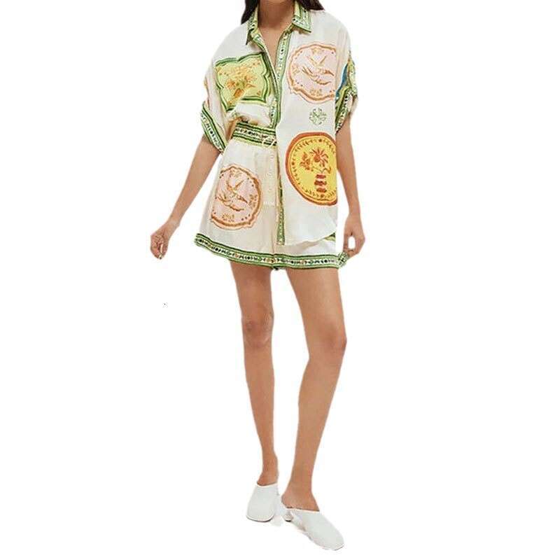 2025 Fashion Printed Button Shirt Elastic Waist Pocket Shorts Women's Two Piece Set KLMY
