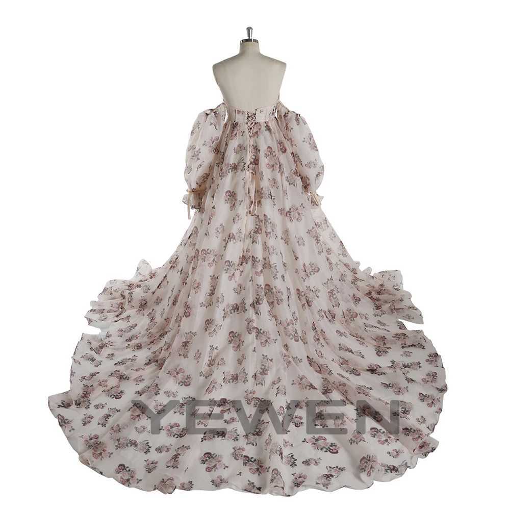 Print Floral Off Shoulder Front Slit Silk Organza Maternity Photoshoot Gown Long Train Dress for Pregnant Woman YEWEN YW240058 X250224
