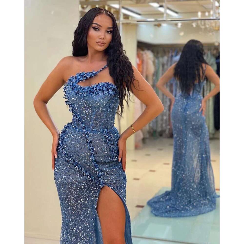 One shoulder sequins mermaid evening sleeveless fashion prom dress high side divide formal party dresses