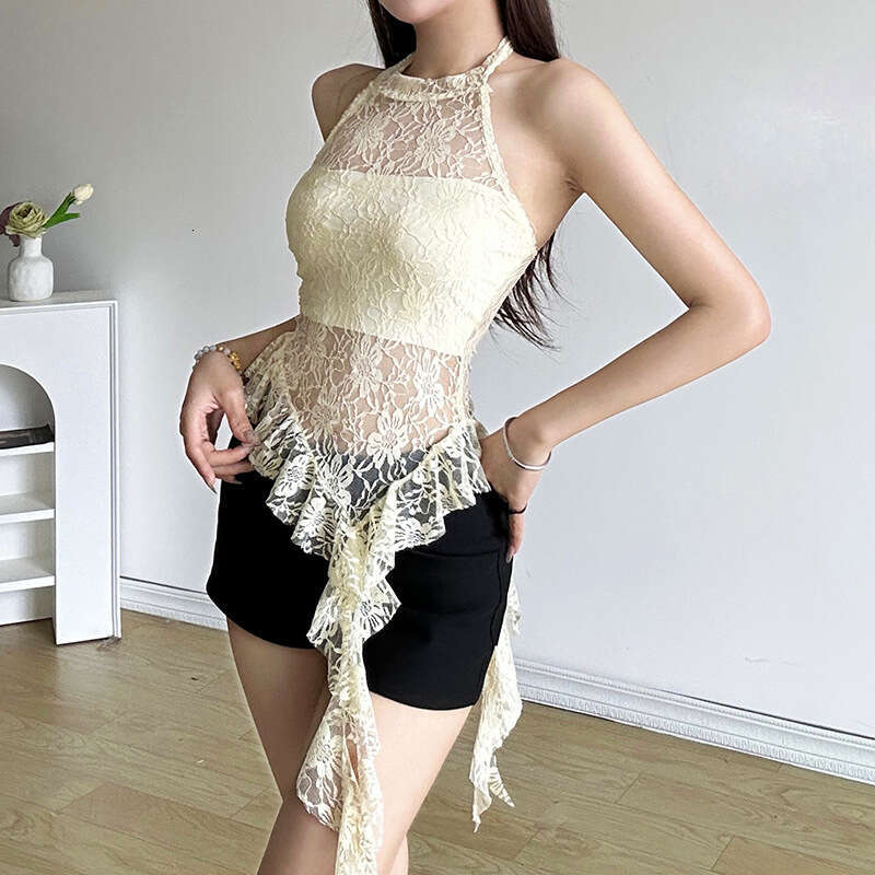 European and American style summer women's pure desire round hanging neck hollow out backless irregular edge small vest 2025 new casual fashion t