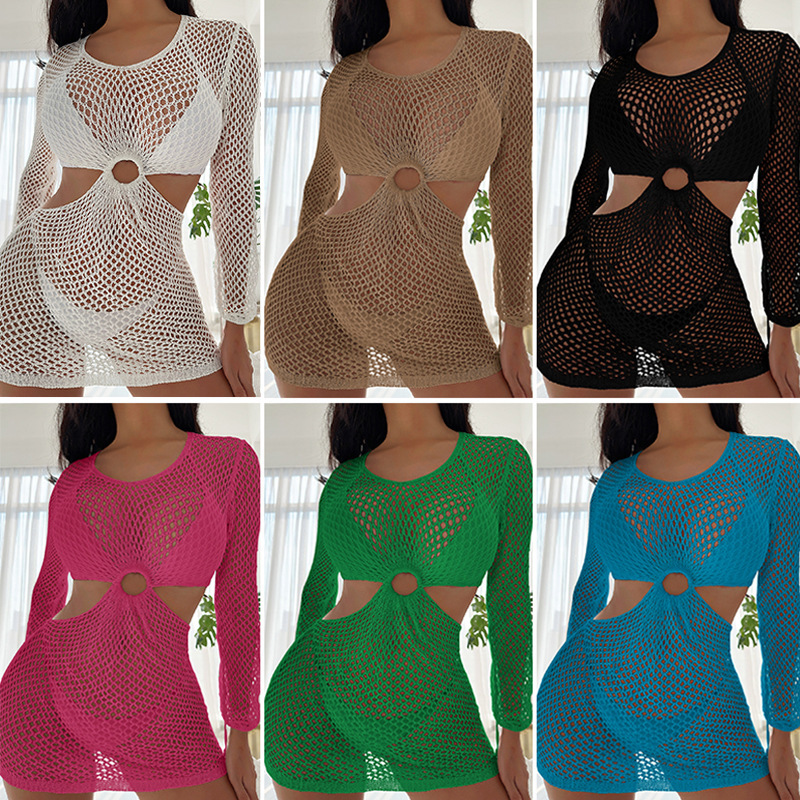 Leisure Vacation Short Skirt Sexy Waist Hollow Round Neck Slim Fit Long Sleeved Sun Protection Beach Dress