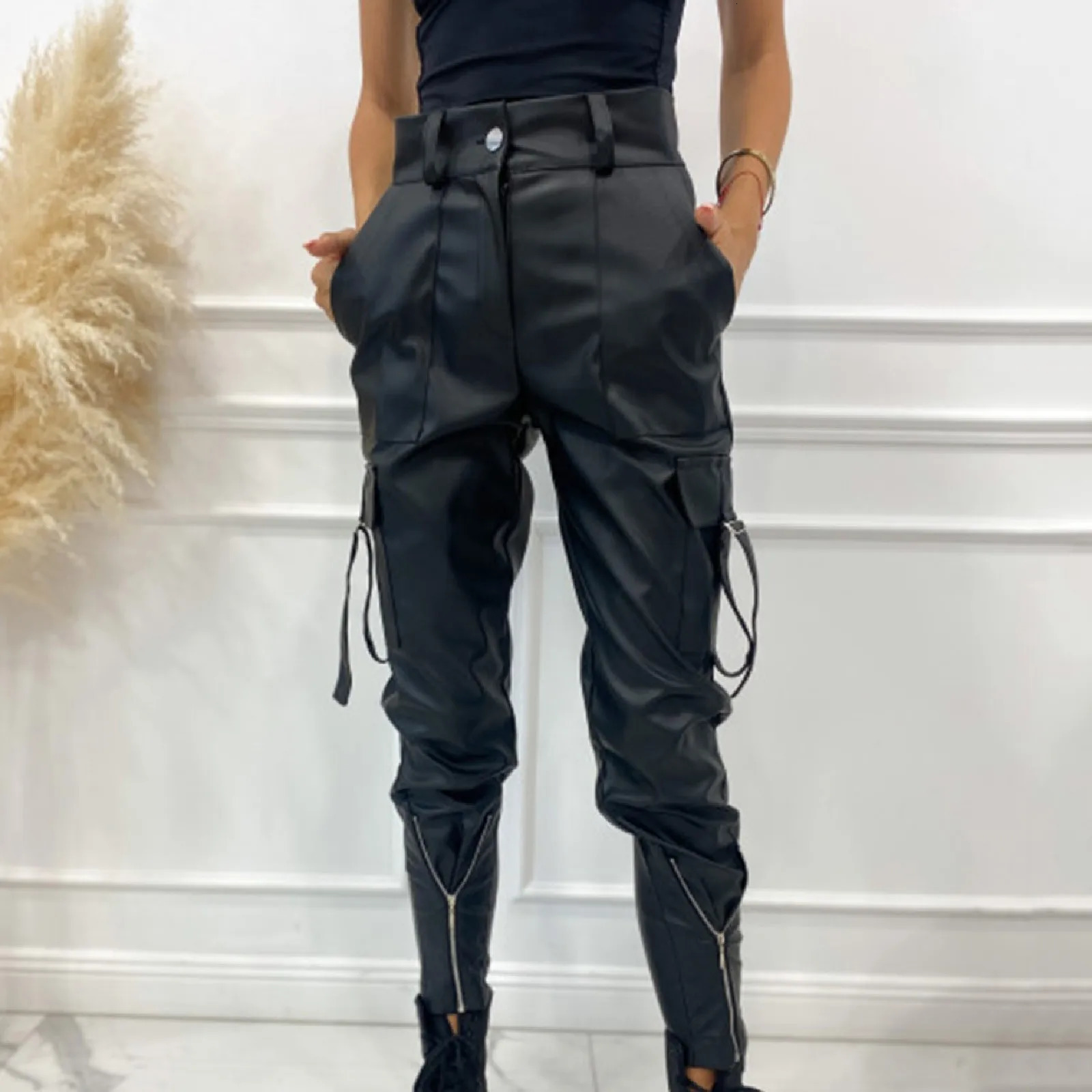 AutumnWinter Punk Style Pu Leather Pants Small Leg Elastic Waist Pants Lace Long Pocket Trouser Womens Leather Pants 250305
