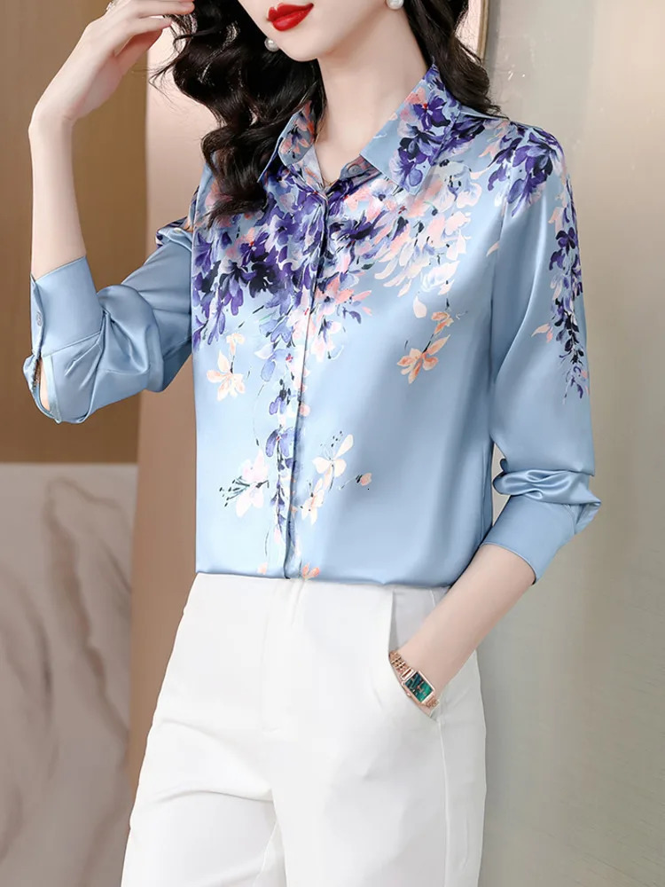Wxw2508 Spring Retro Satin Womens Casual Fit Long Sleeve Flower Printed Shirt French Style 250311