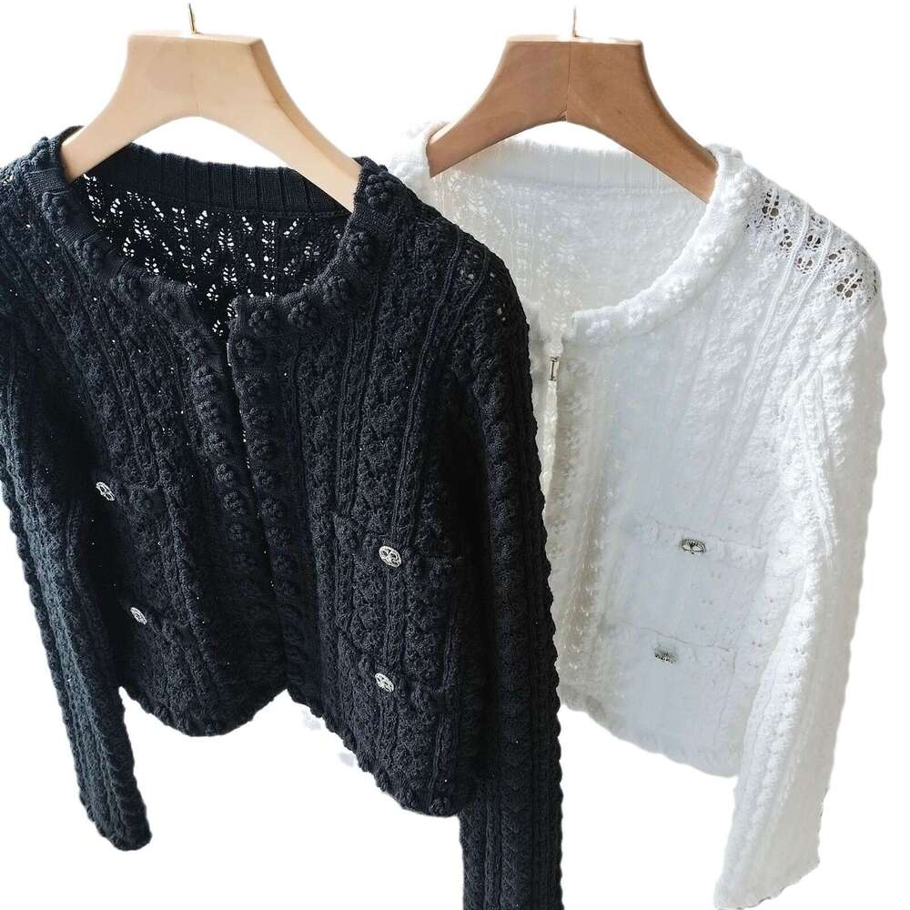 Pure Yuan High-End Small Fragrance Style Jacket Summer New Item Flower Metal Button Round Neck Hollow Knitted Cardigan Women's