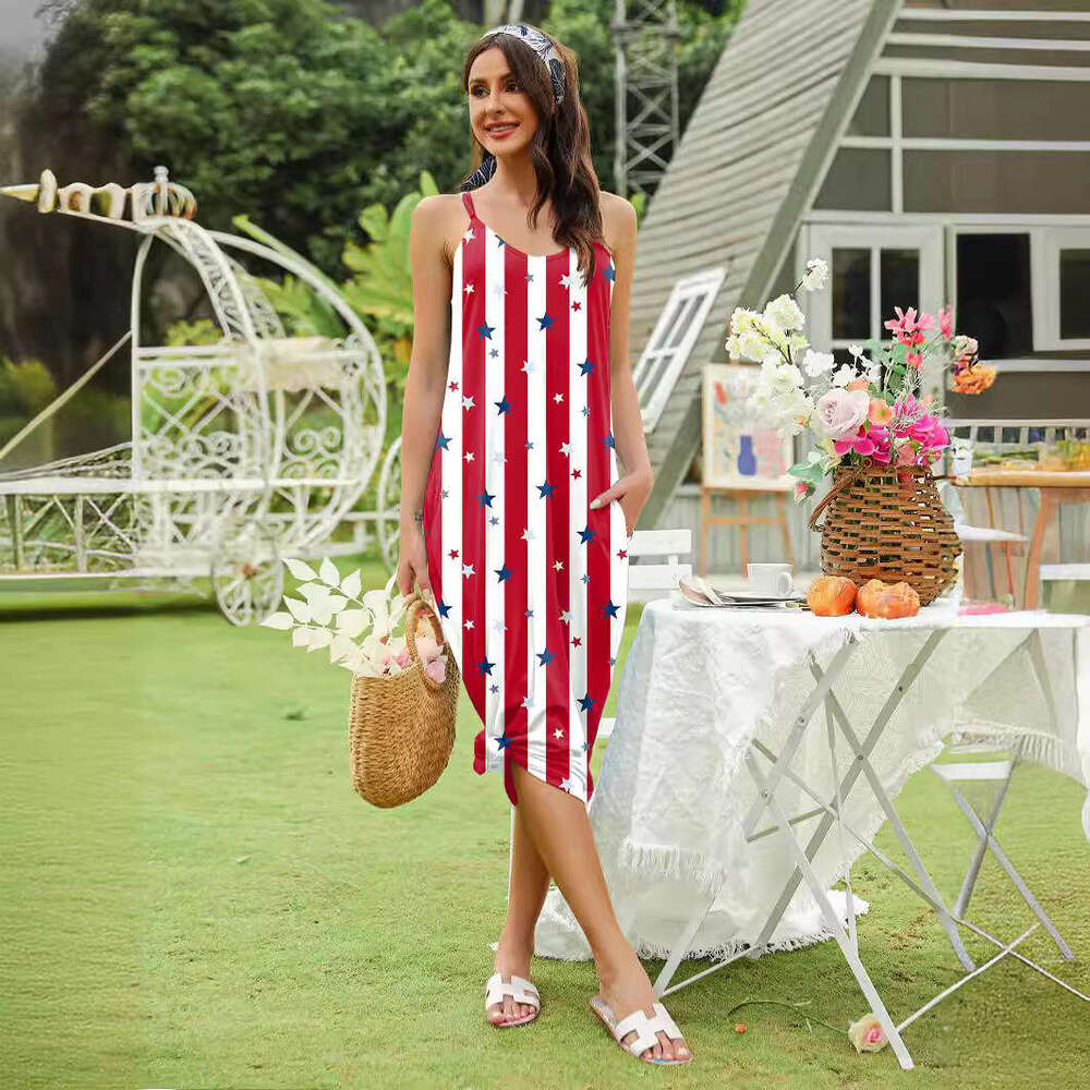 Summer European American Flag Printed with Strap Pocket Fashionable Women's Dress 2025 New Style Unique and Elegant Clothing