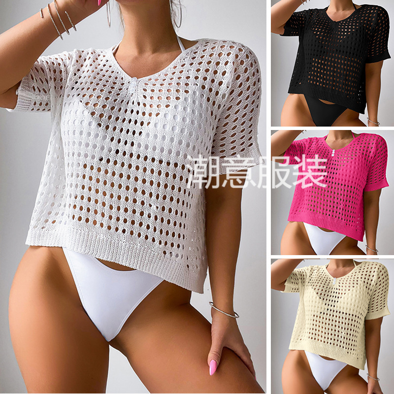 New Women's Hollowed Out Fashionable Collar Button Loose Pullover Short Sleeved Woven Sexy Beach Cover Shirt