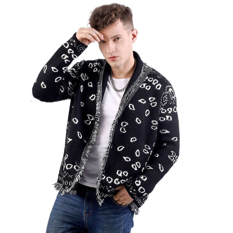 Autumn/Winter Men's Wool Blended Sweater Coat Cashew Flower Jacquard Thick Collar Long Sleeve Tassel Cardigan Trendy