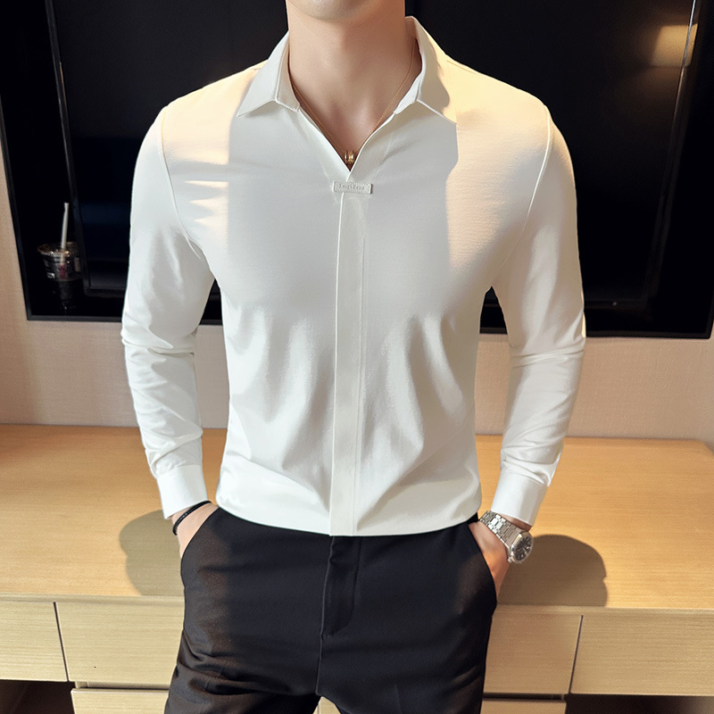 Seamless long sleeved polo for business and casual trend, V-neck shirt collar, khaki T-shirt, high-end men's clothing tracksuit