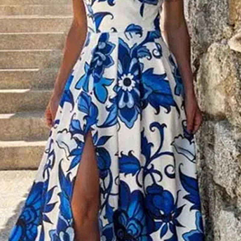 2025 Spring Women's Casual Fashion Printed V-Neck Strap Splicing Split Large Swing Dress KLMY