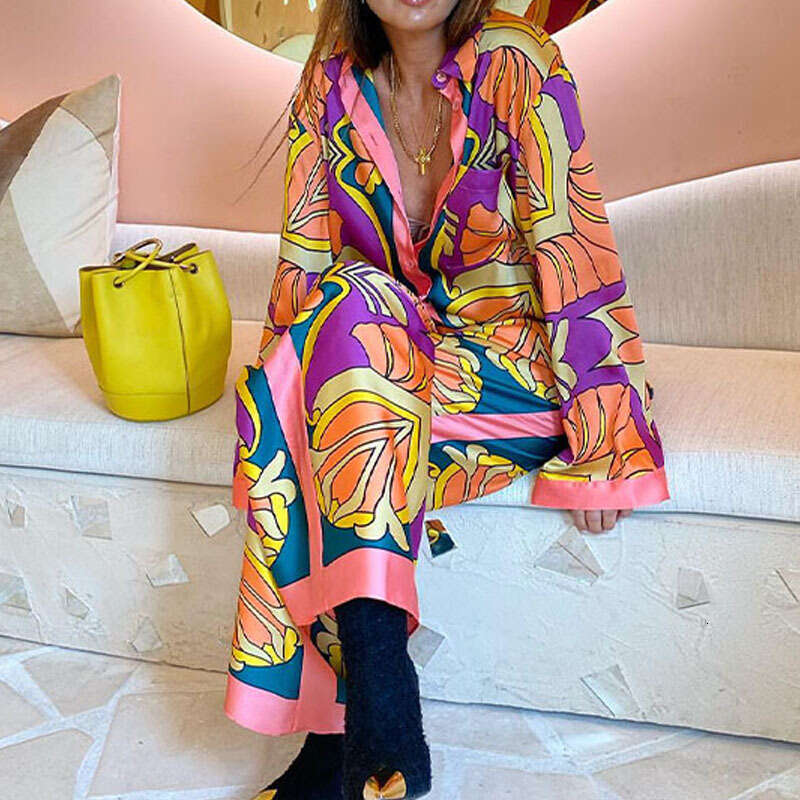 Women's Loose Printed Long Sleeved Shirt With Ethnic Style Casual Fashion Set Sampg KLMY