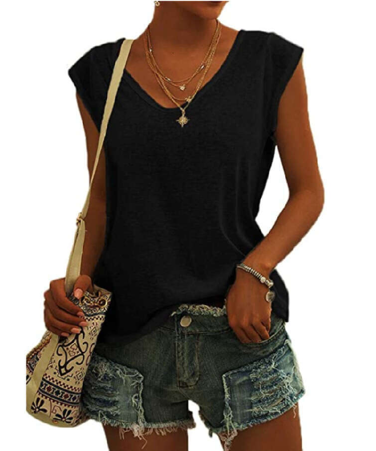 2025 New Womens Solid Color V-neck Cap Sleeves Loose T-shirt Summer Printing Short Sleeve Slim Crop Top Casual Graphic T Shirts Street Activity Crop T