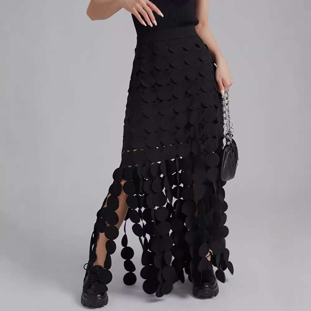 Australian New Long With High-End Design, Hollowed Out Circular Fringe, High Waist, Solid Color, Hip Hugging Skirt