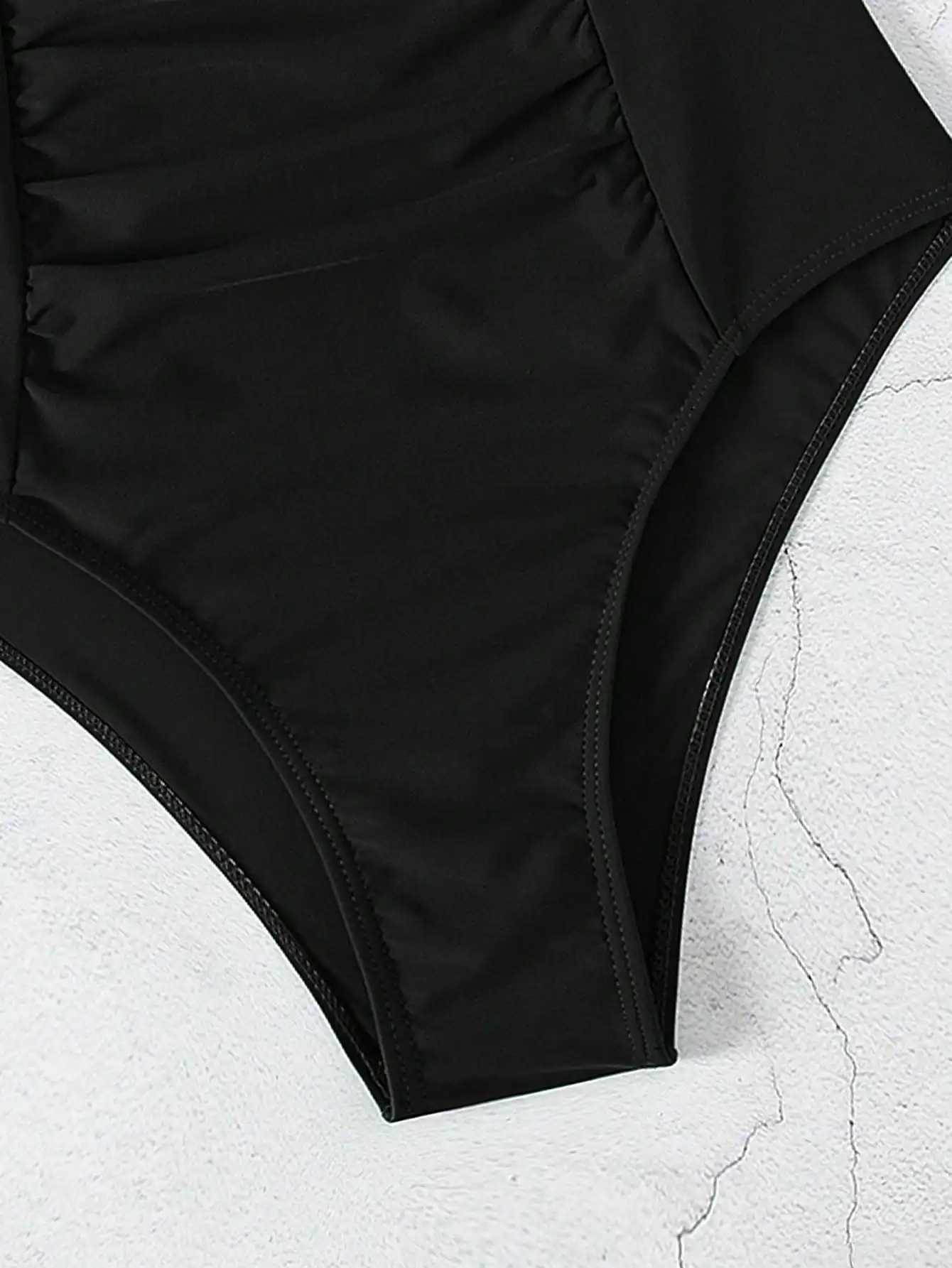 Summer black camisole one-piece swimsuit with front tie;T250310