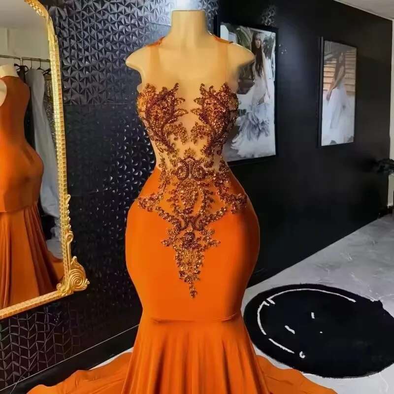 2025 Orange Mermaid Evening Dress For Black Girls Appliques Bead Prom Dresses Formal Party Gowns Customized